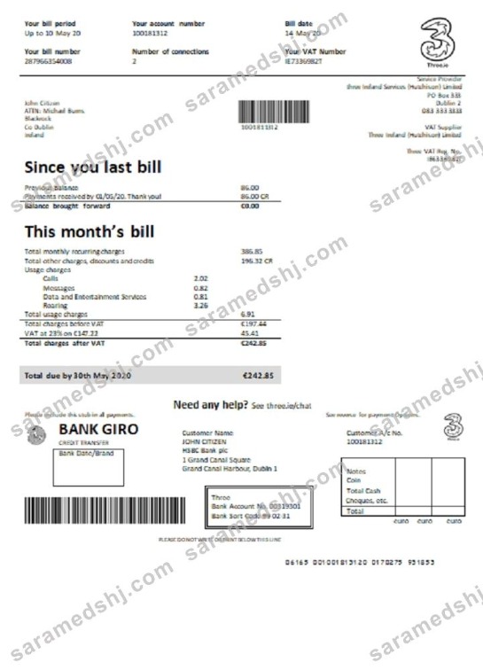 Ireland Three.ie utility bill